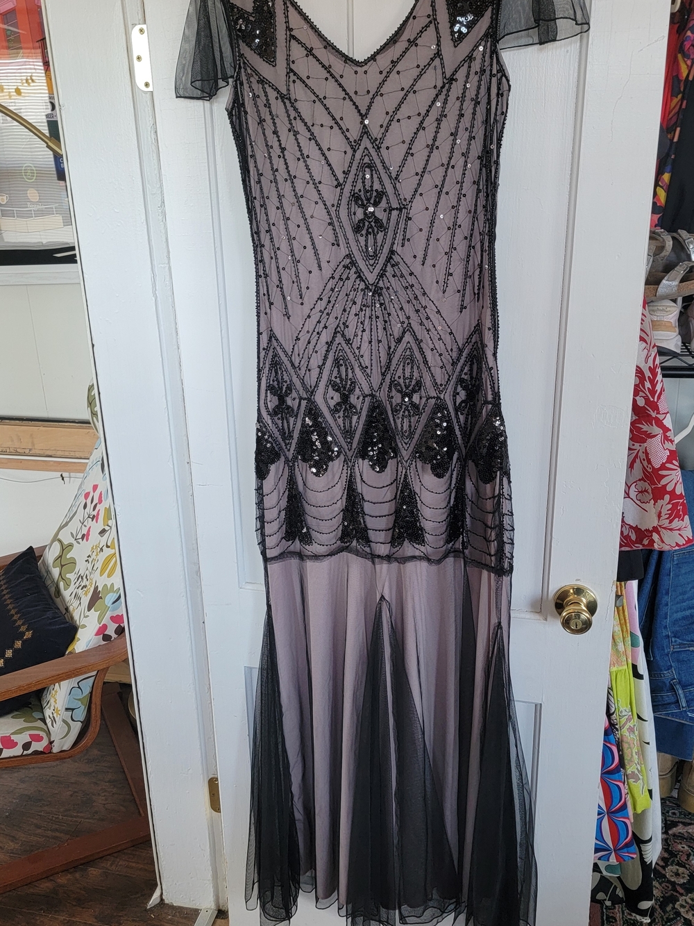 Source Unknown Black Beaded Maxi Dress with Sheer Panels